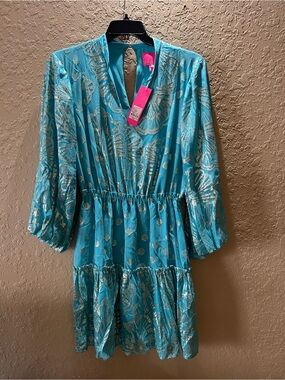 Lela Rose Turquoise Metallic Floral Tiered Dress for Kids
